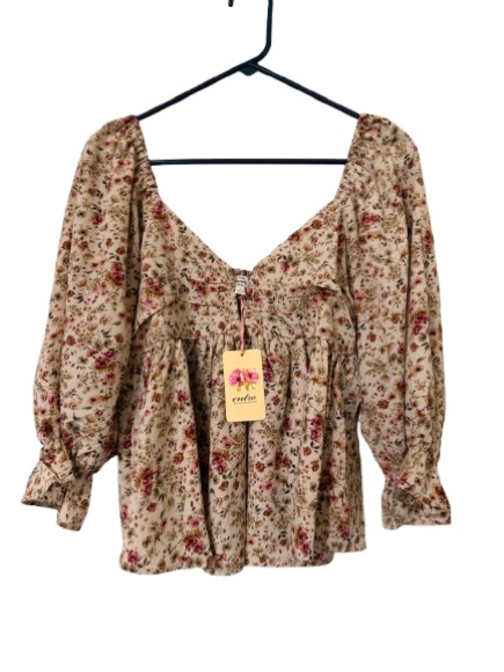 Entro Floral Peplum Blouse NWT Large Puff Sleeve Smocked Back Cottagecore - Picture 4 of 8